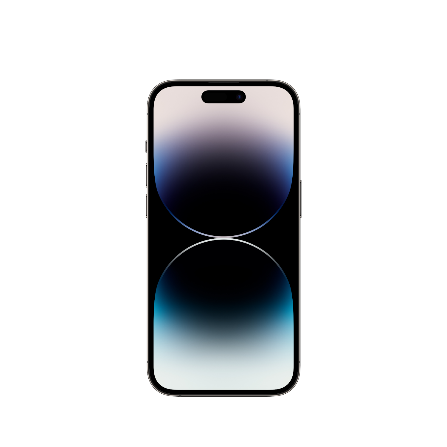 Een zwarte smartphone met afgeronde hoeken en een blauw-witte abstracte achtergrond.