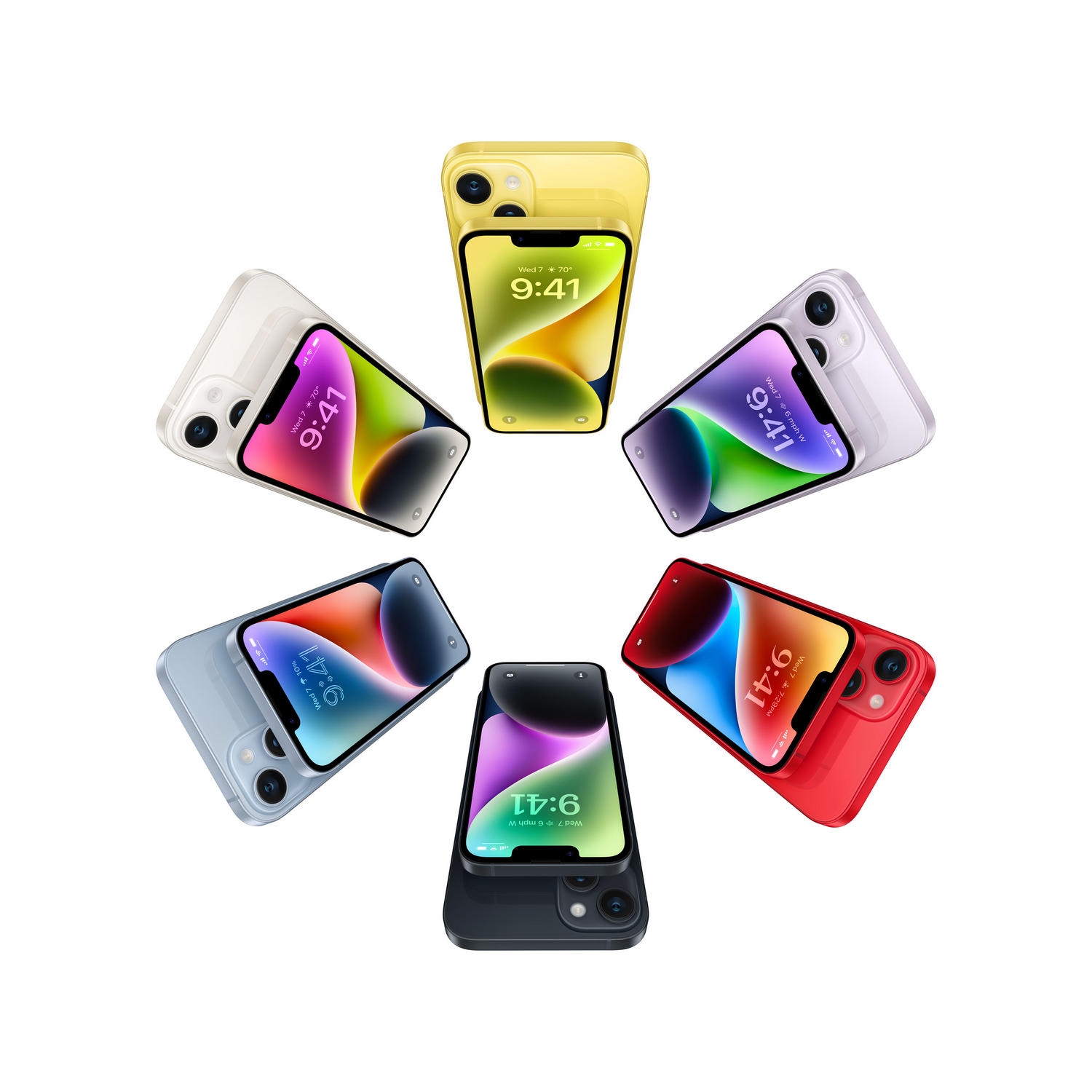 Zes kleurrijke iPhones in een cirkel, op een witte achtergrond.