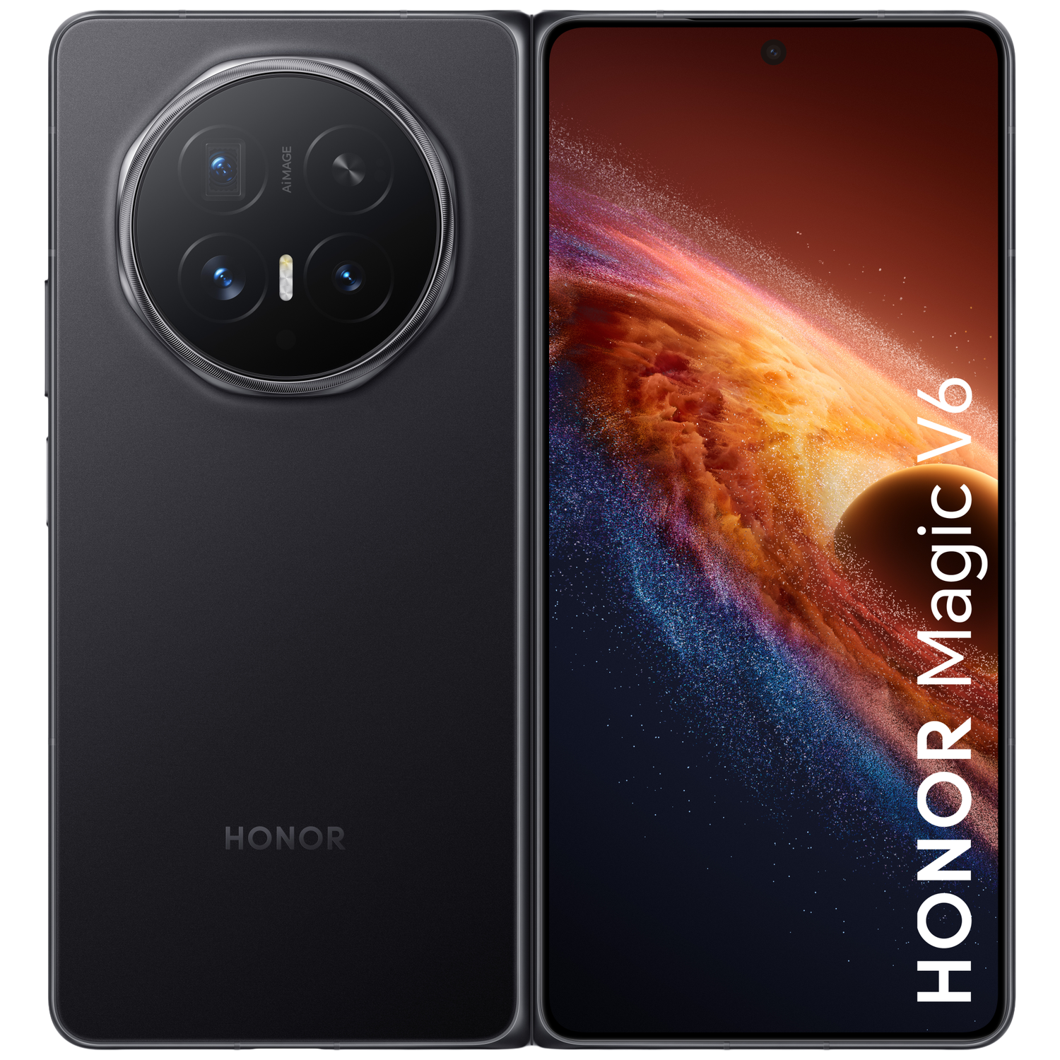 Een donkergrijs Honor Magic V6 vouwtelefoon wordt open getoond, met camera aan de achterkant en kleurrijk display.