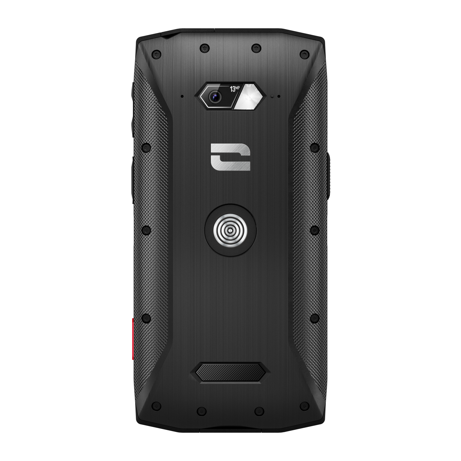Zwarte, robuuste smartphone achterkant met camera, logo en gestructureerd ontwerp.