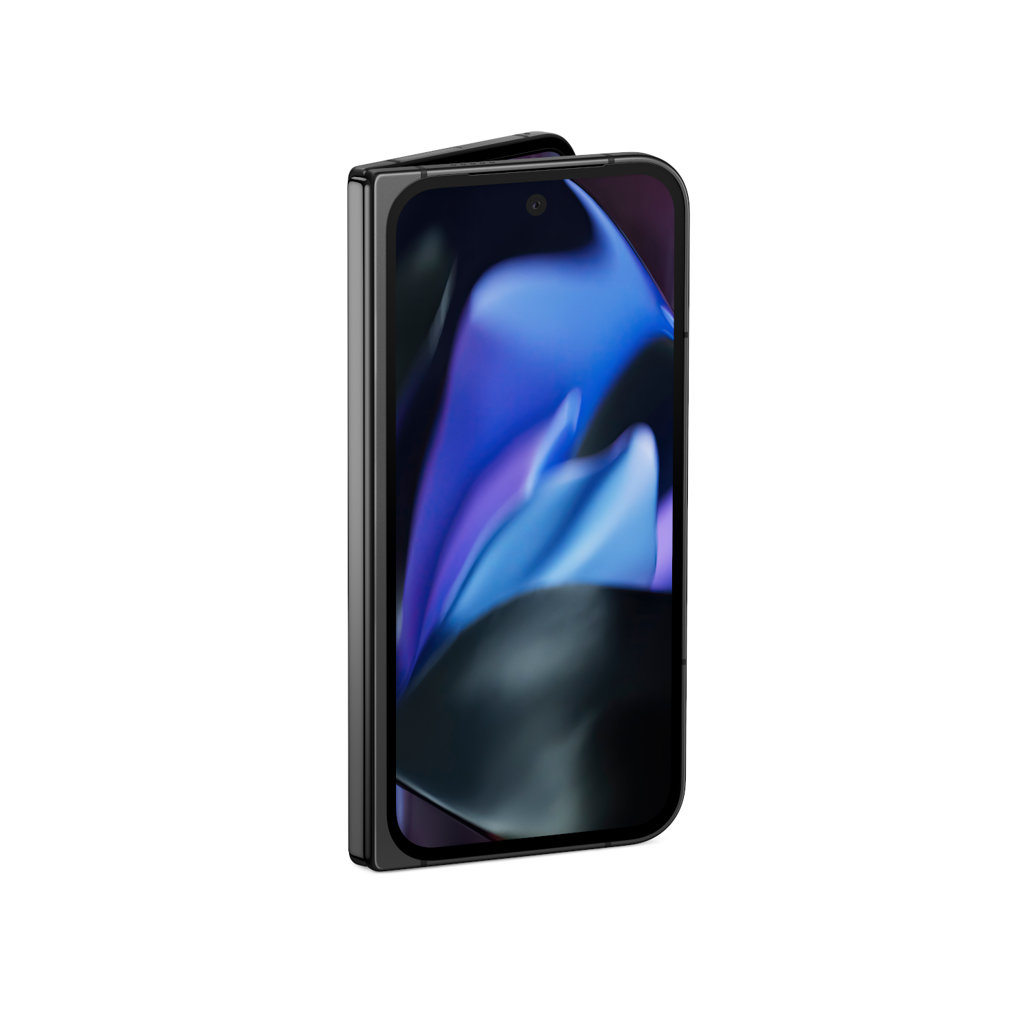 Een zwarte opvouwbare telefoon, gedeeltelijk open, met een blauw-paarse abstracte afbeelding op het scherm.