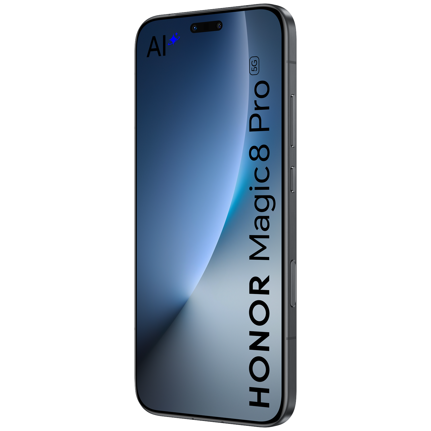 Een HONOR Magic8 Pro 5G smartphone met AI-logo op het blauwe scherm.