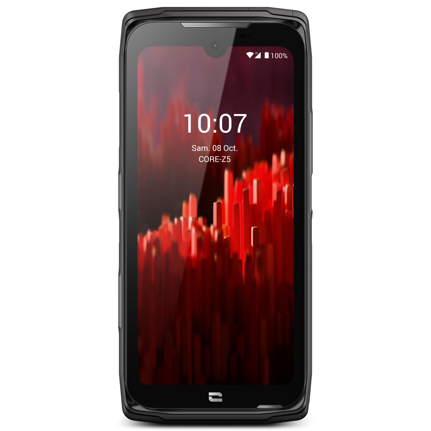 Een zwarte telefoon met een rode en zwarte abstracte achtergrond op het scherm.