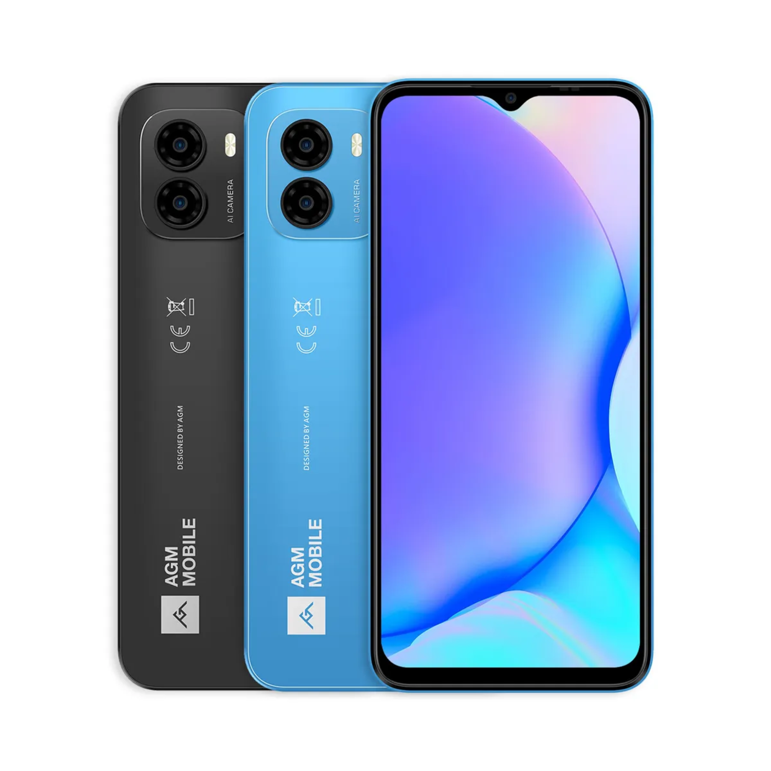 Drie smartphones: zwart, blauw en cyaan. Elk heeft dubbele camera's. De blauwe telefoon heeft een kleurrijke grafische weergave.