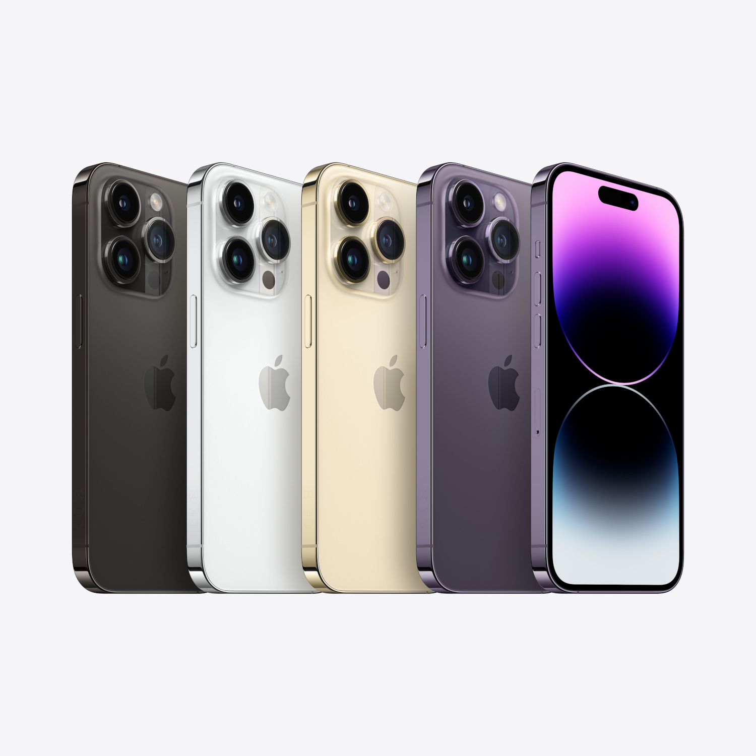 Vier iPhones in zwart, zilver, goud en paars staan naast elkaar op een witte achtergrond.