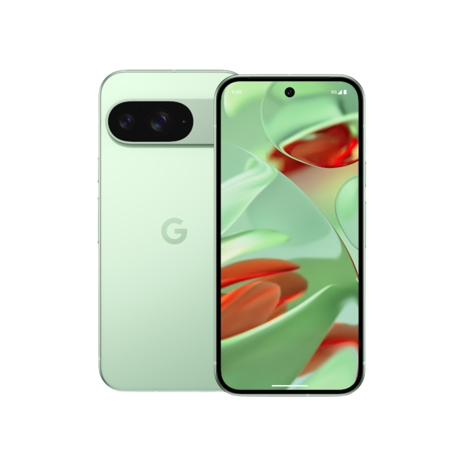 Groene smartphone met bloemenachtergrond, Google-logo en camera-opstelling.