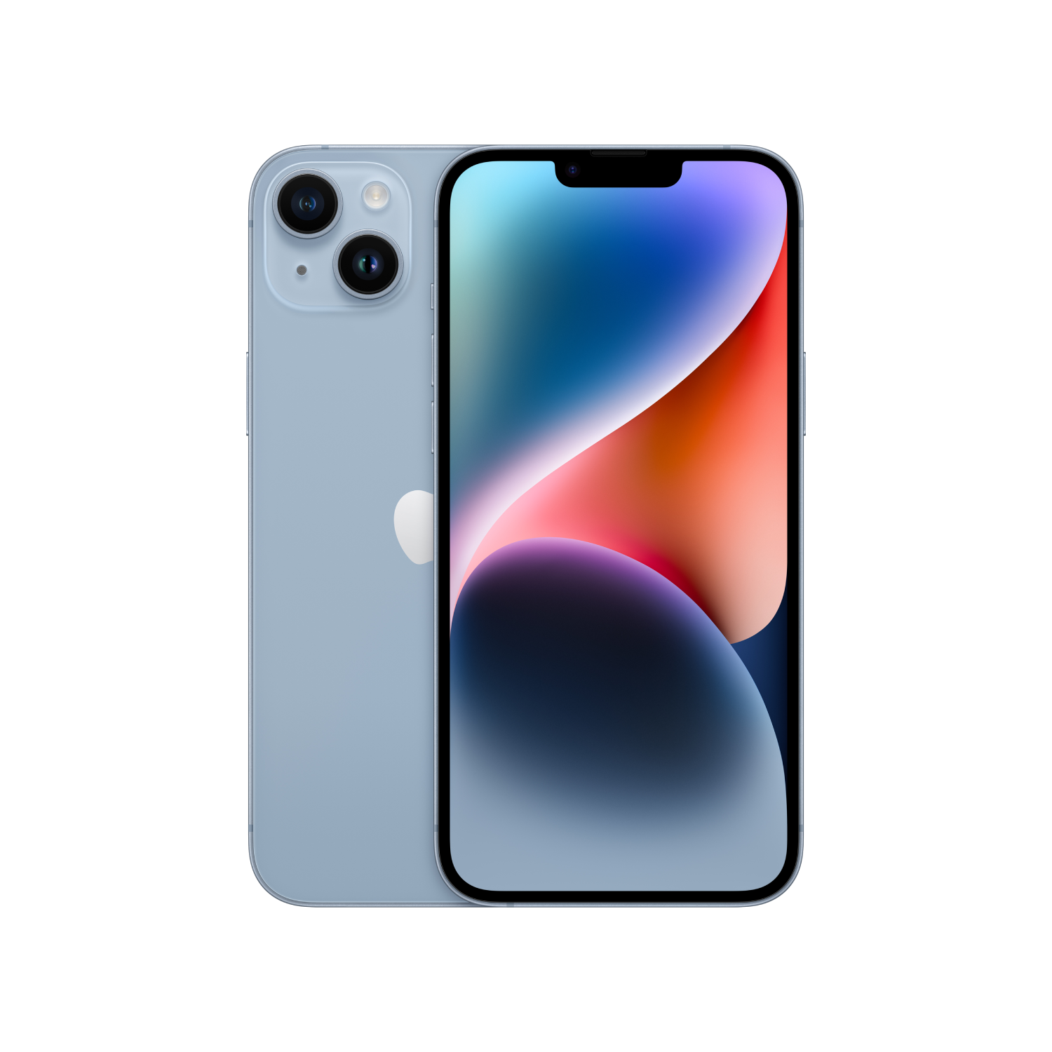 Lichtblauwe iPhone 14 met dubbele camera's. Achter- en voorkant zichtbaar.