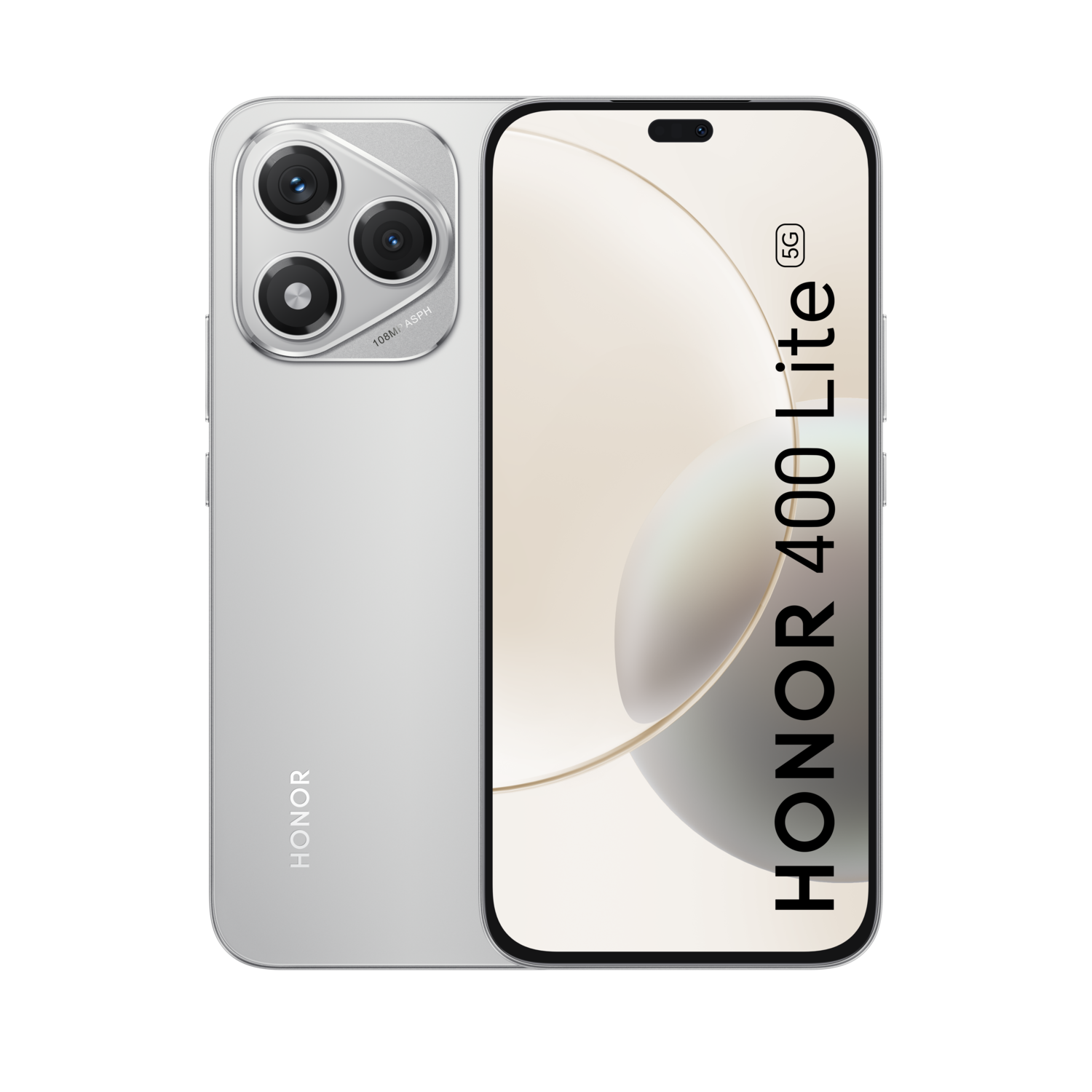Zilveren Honor 400 Lite 5G smartphone. Drievoudige camera, scherm met inkeping en tekst 'Honor 400 Lite' aan de zijkant.