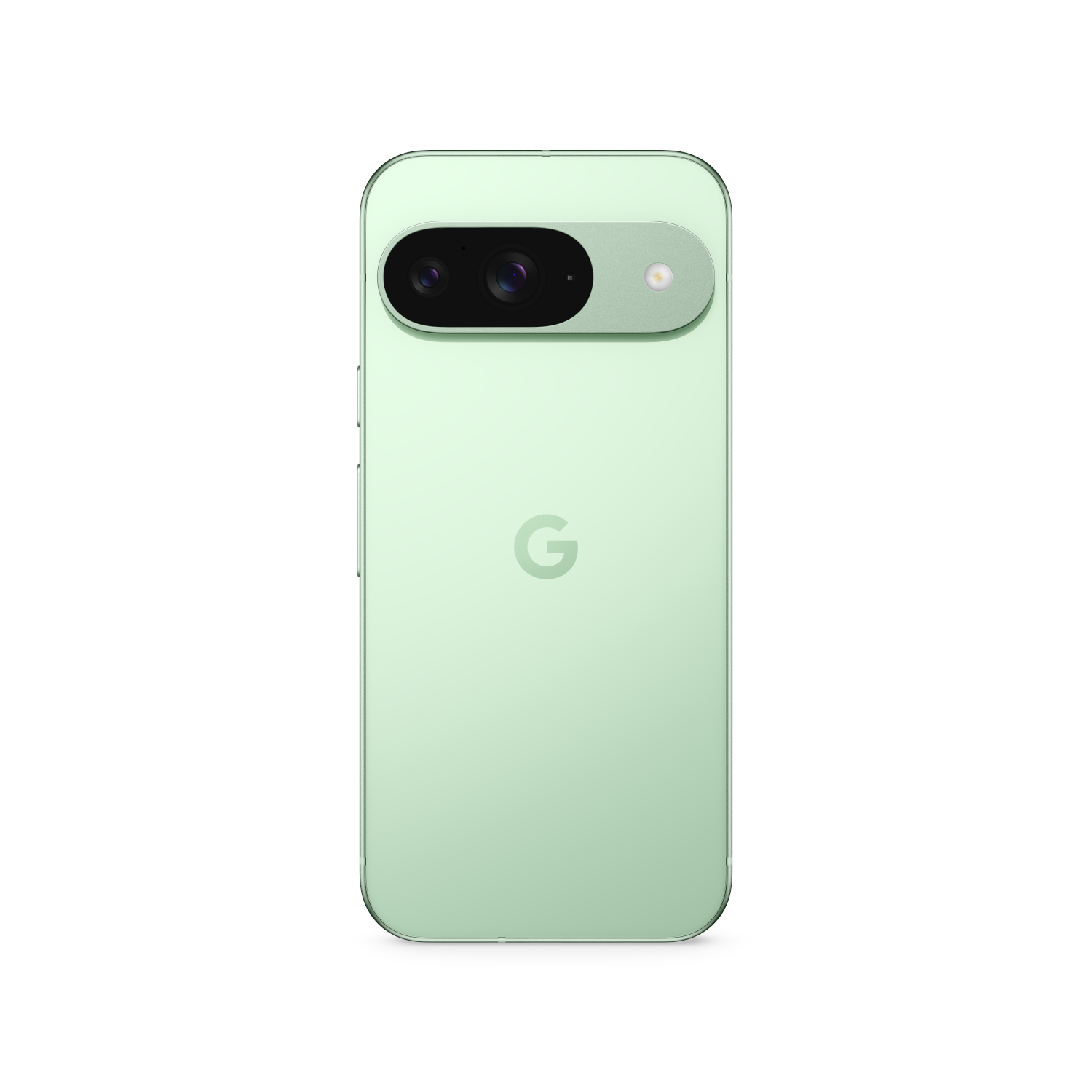 Een mintgroene telefoon met een camerabult. De achterkant van de telefoon toont een 'G'-logo.