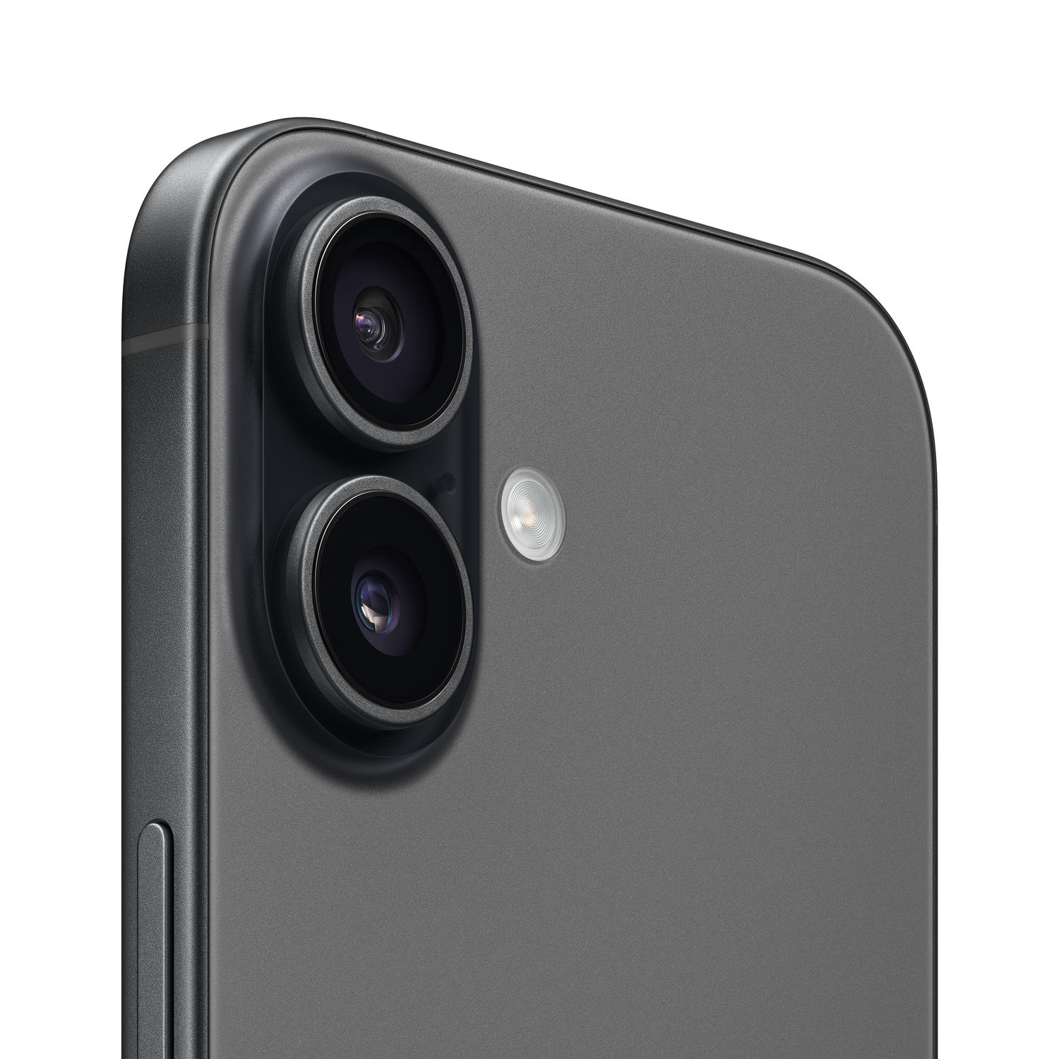Close-up van een donkergrijze smartphone cameramodule. Twee lenzen en een flitser zijn zichtbaar tegen een grijze achtergrond, geïsoleerd op wit.