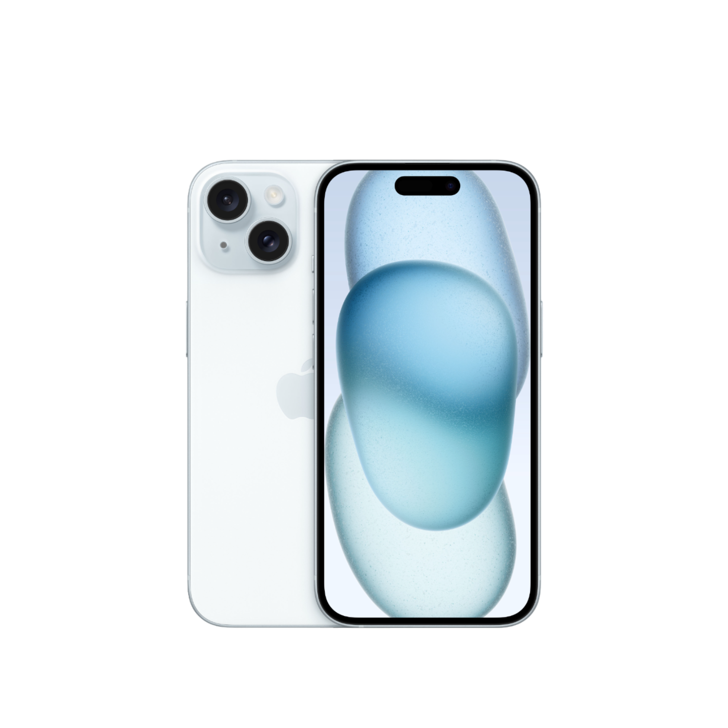 Witte iPhone met blauwe achtergrond op het scherm en Apple-logo op de achterkant.