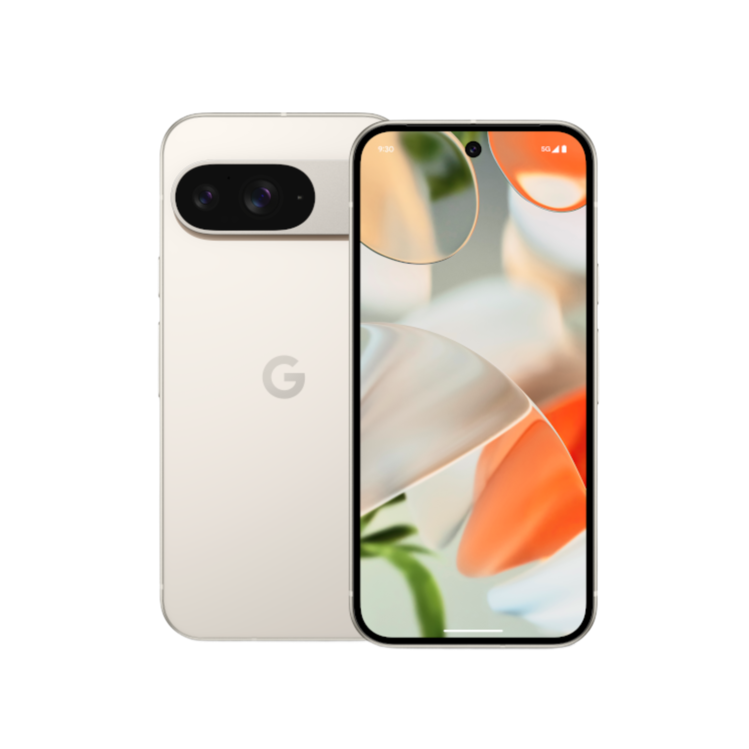 Twee crèmekleurige telefoons met een camera met dubbele lens. Eén telefoon ligt, de andere staat rechtop.