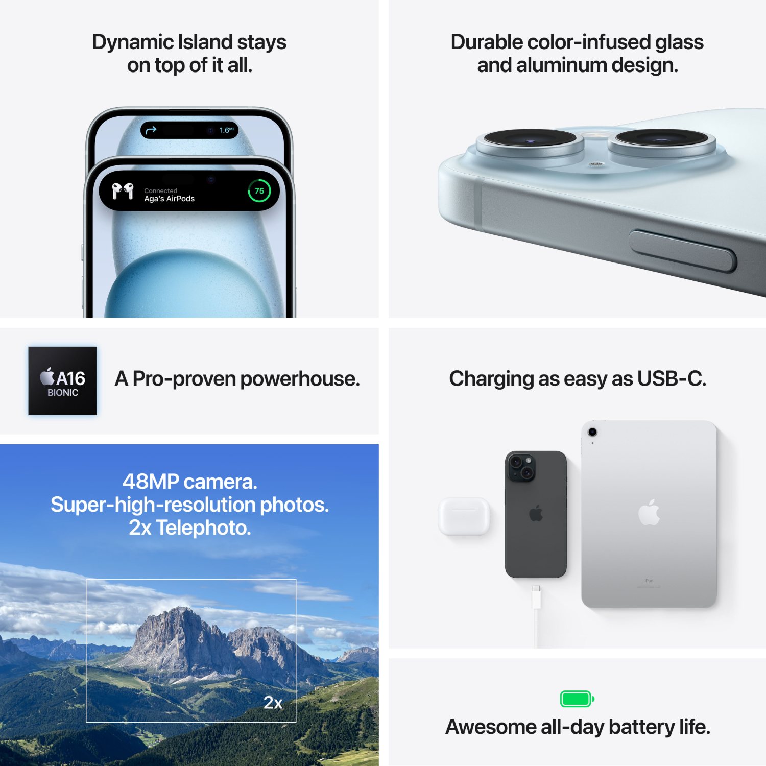Een collage met een telefoon, AirPods en een tablet. Kenmerken zijn camera, opladen en prestaties.