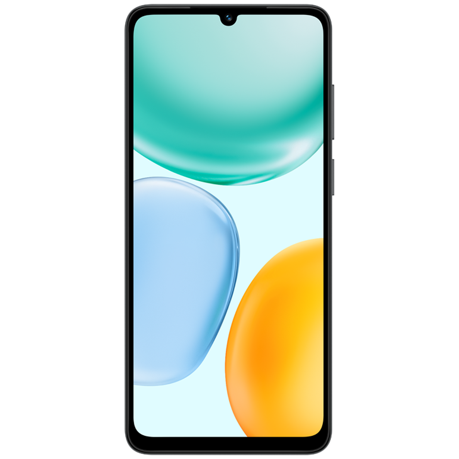 Een zwarte smartphone toont kleurrijke abstracte vormen: blauwgroen, blauw en oranje. De telefoon heeft een camera aan de voorkant en volumeknoppen.