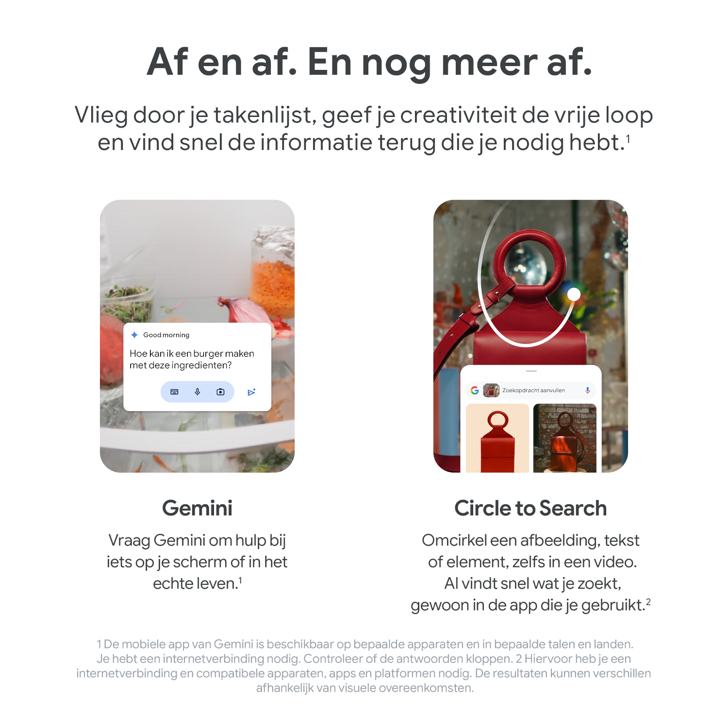 Schermafbeeldingen met Gemini en Circle to Search-functies, met Nederlandse tekst.