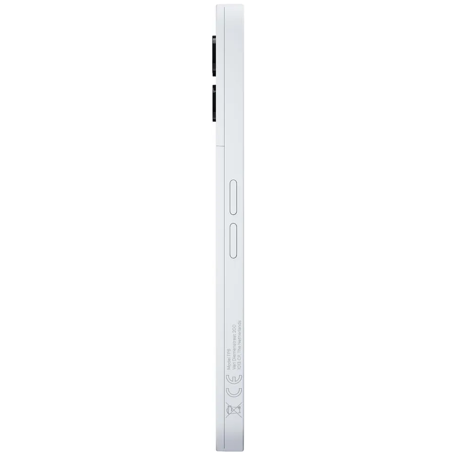 Zijaanzicht witte smartphone met oplaadpoort, volumeknoppen en CE-markering.