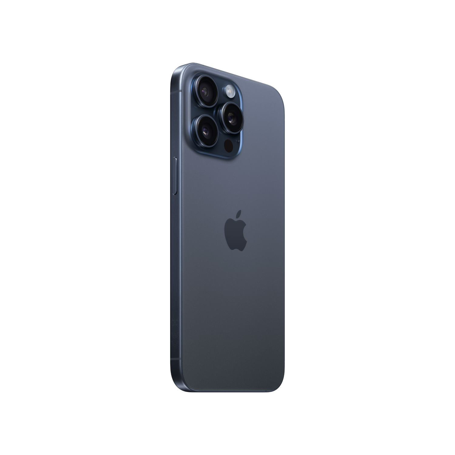 Donkerblauwe iPhone 14 Pro, achteraanzicht, met de cameralenzen, het Apple-logo en de zijknop.