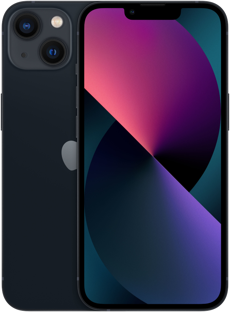 Donkerblauwe iPhone 13, achteraanzicht met camera, en voorscherm aan.