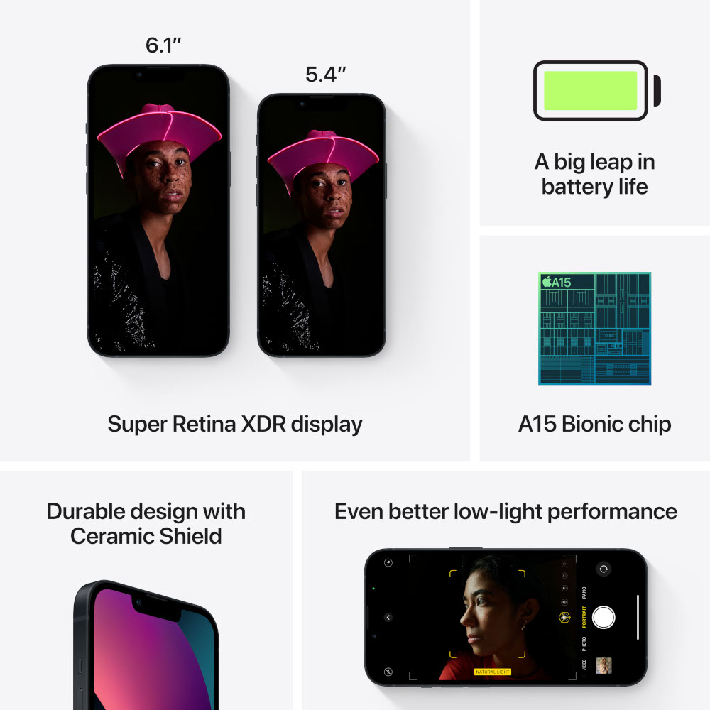 Afbeeldingen van twee iPhones, een chip en tekst. Eén telefoon is 6,1", de andere 5,4". Tekst: A15 Bionic.
