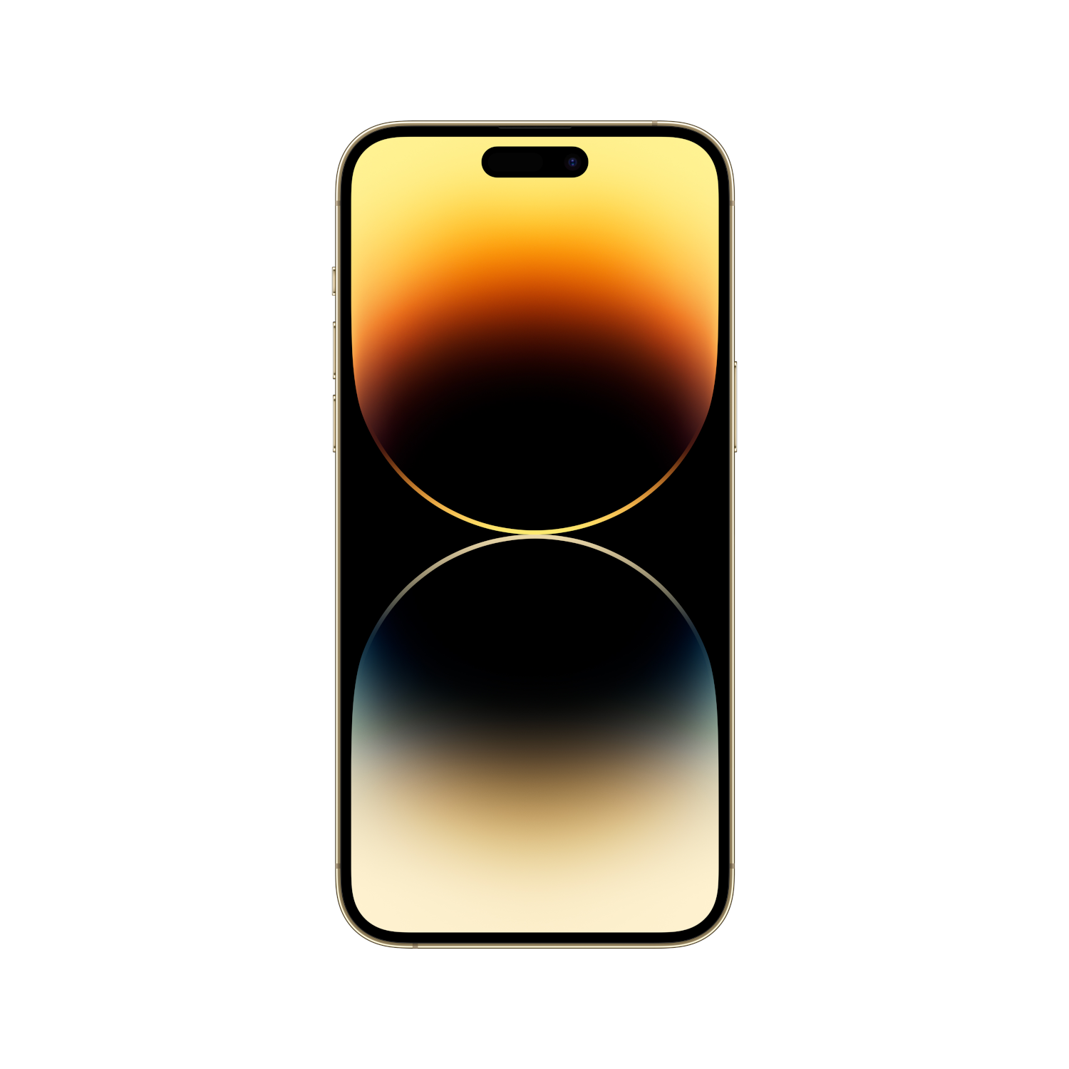 Een gouden smartphone met een notch aan de bovenkant toont een abstract zwart en oranje behang.