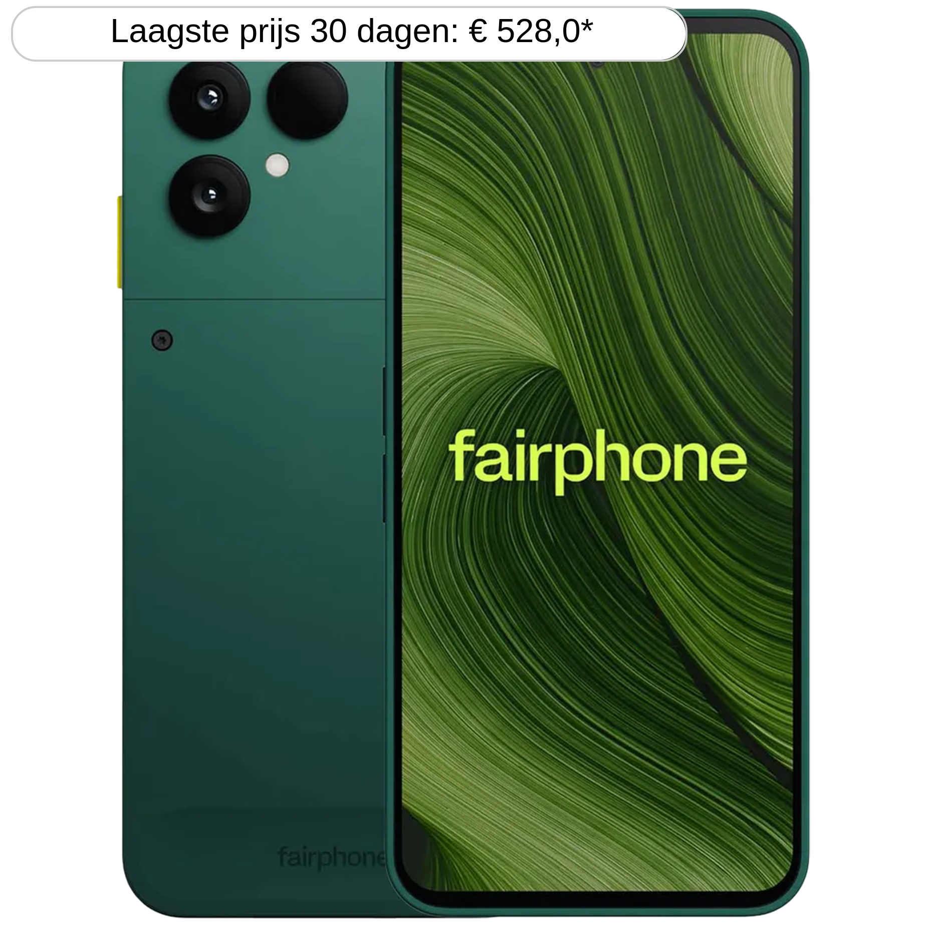 Donkergroene Fairphone met drie camera's aan de achterkant en groene achtergrond op scherm.