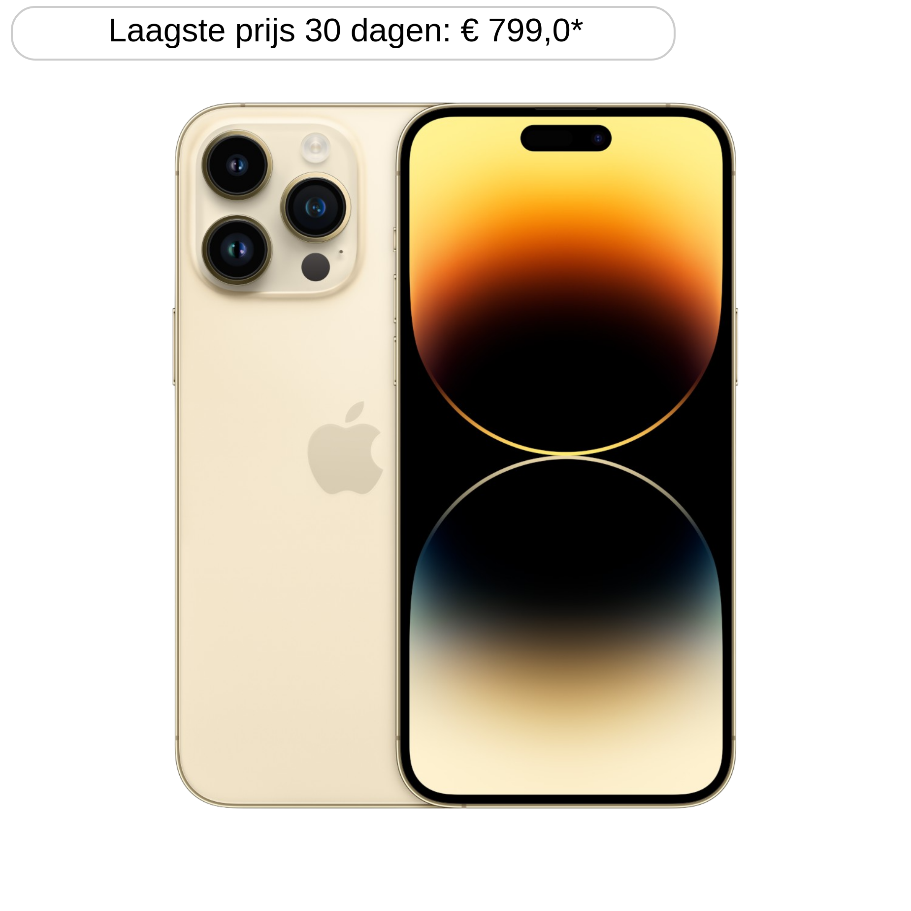 Gouden smartphone getoond met voor- en achteraanzicht tegen zwarte achtergrond.