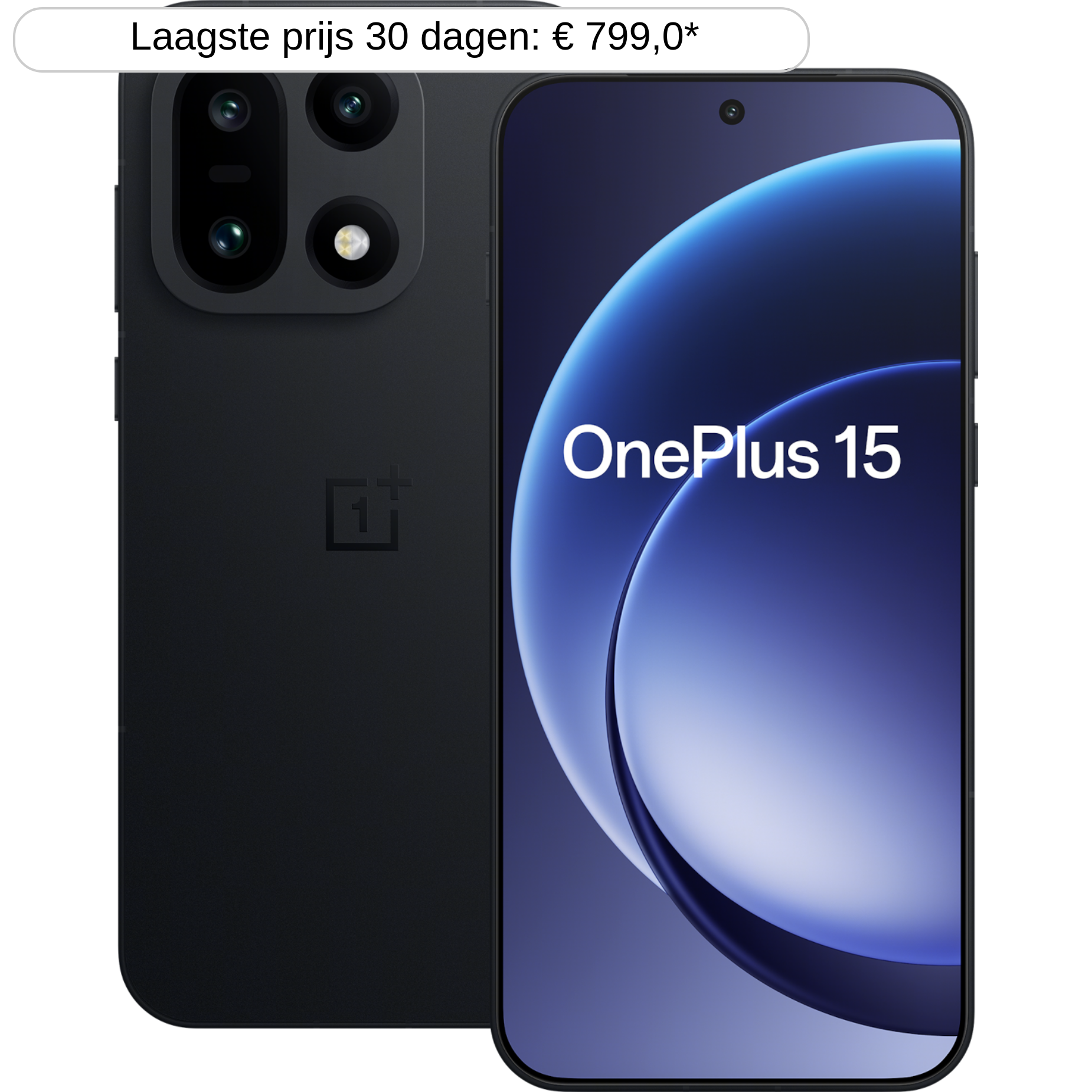 Zwarte OnePlus 15 telefoon met camera-array en verlicht scherm.