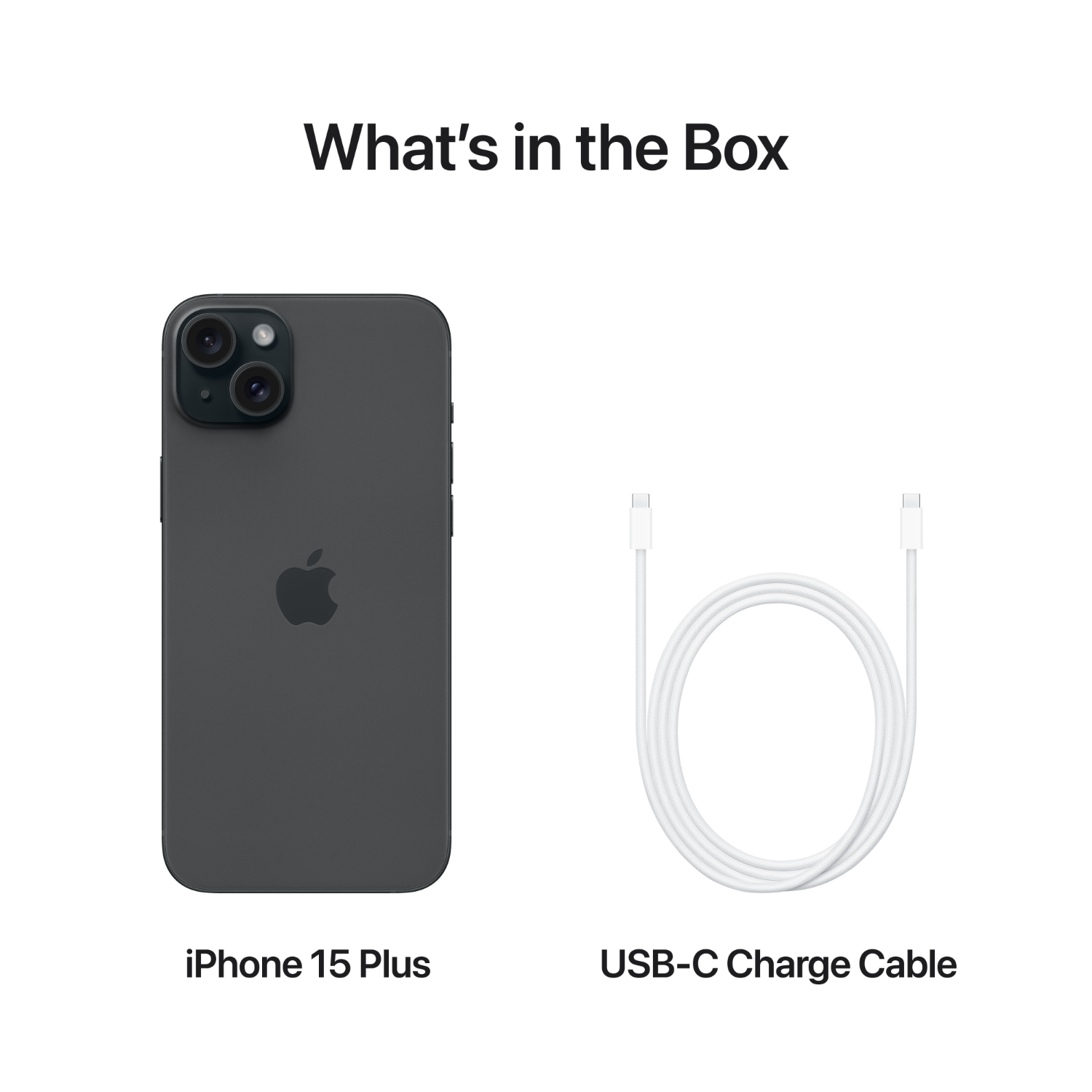 Afbeelding met iPhone 15 Plus en USB-C oplaadkabel. Tekst: 'Wat zit er in de doos'.