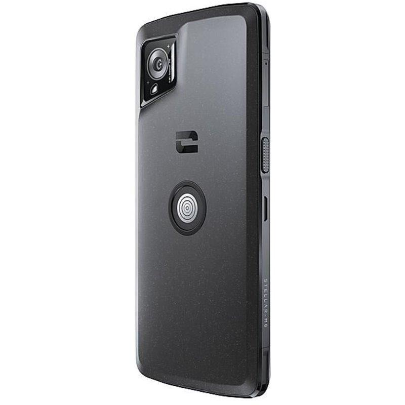 Zwarte telefoonhoes met camera en logo, transparante achterkant.