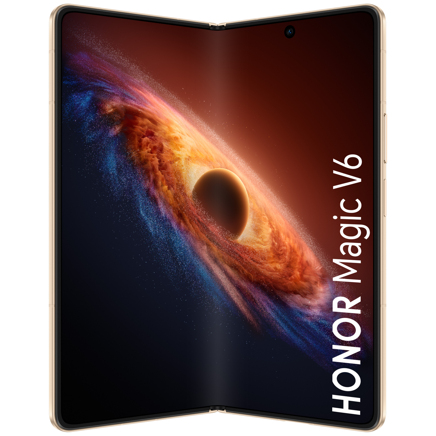 Een gouden opvouwbare Honor Magic V6 smartphone met kosmische achtergrond.