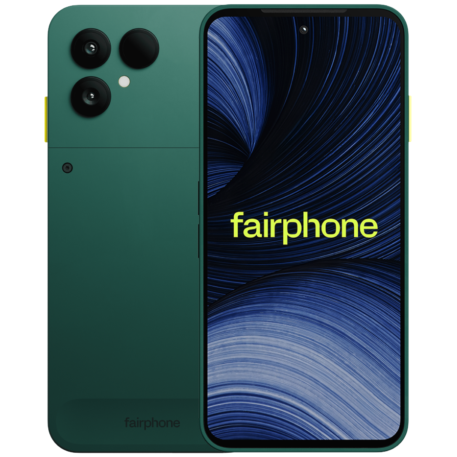 Groene Fairphone getoond van voor- en achterkant op zwarte achtergrond.