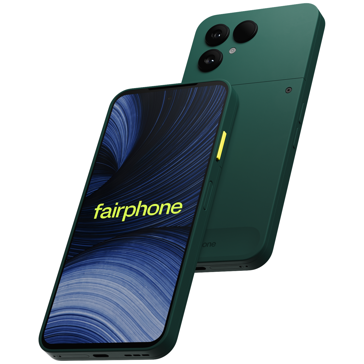 Groene Fairphone met scherm met fairphone tekst en zicht op de achtercamera tegen een zwarte achtergrond.