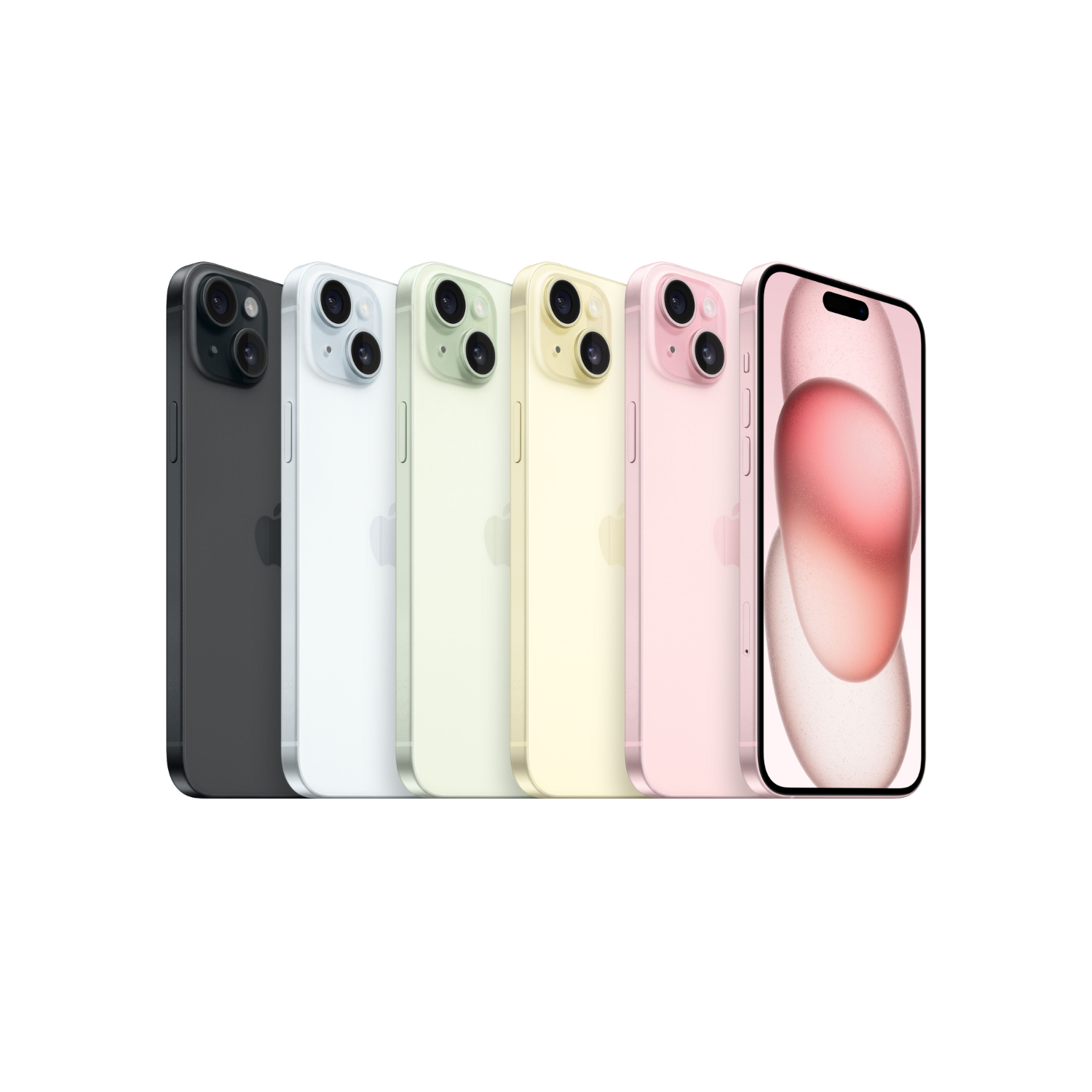 Zes iPhones in verschillende kleuren: zwart, wit, groen, geel, roze en een scherm met een roze verloop.
