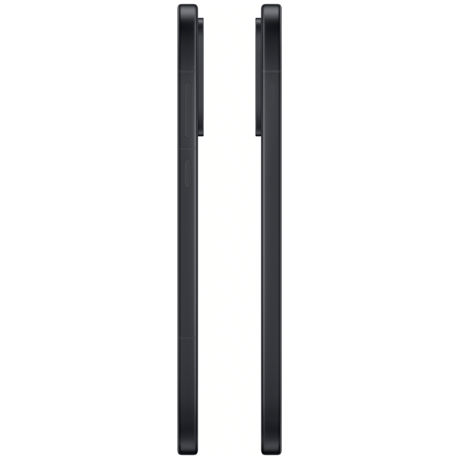 Twee zwarte smartphones worden naast elkaar getoond. Ze staan verticaal, met een camerabult en zijknoppen.