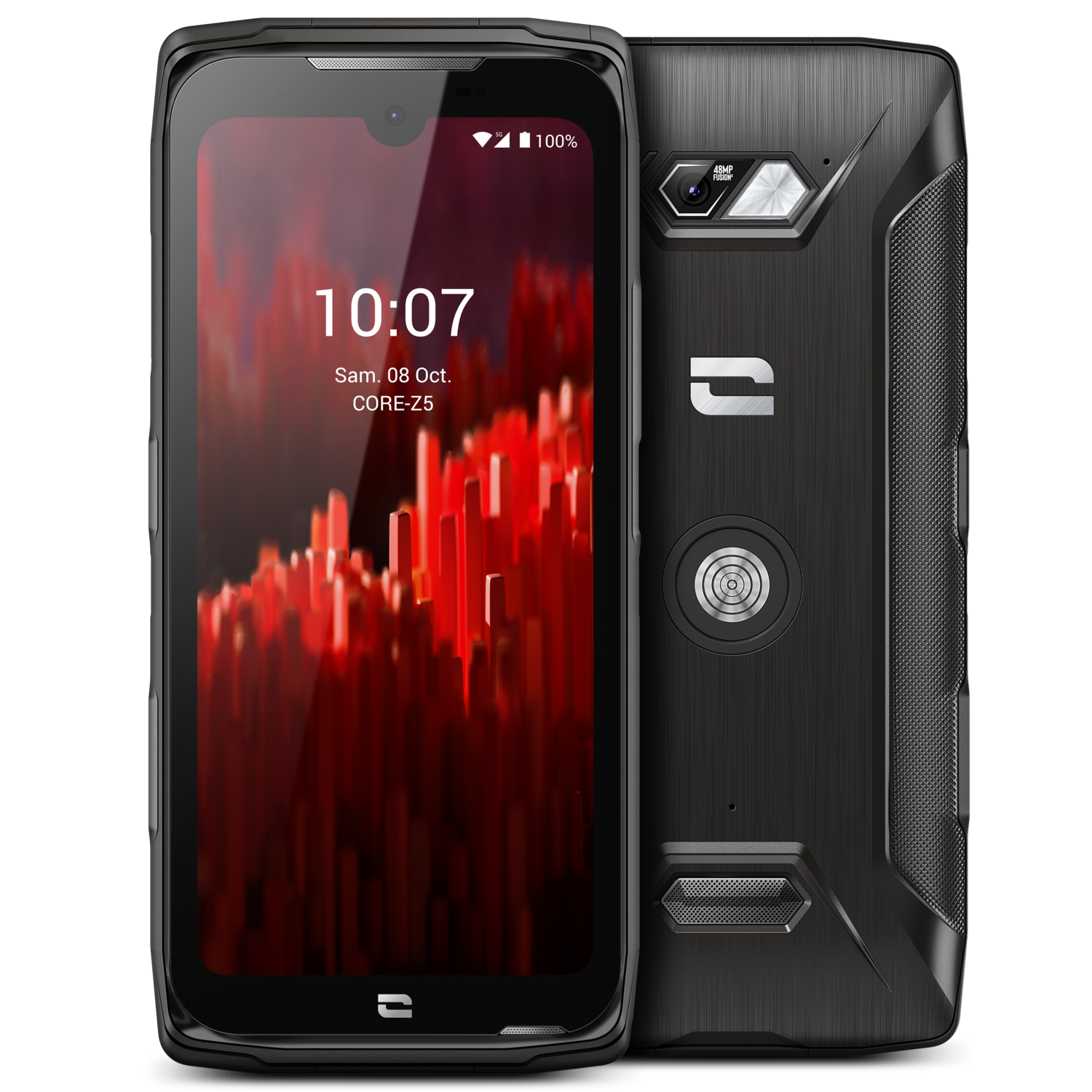 Zwarte smartphone met een rode display. Toont tijd, datum, heeft camera en logo.