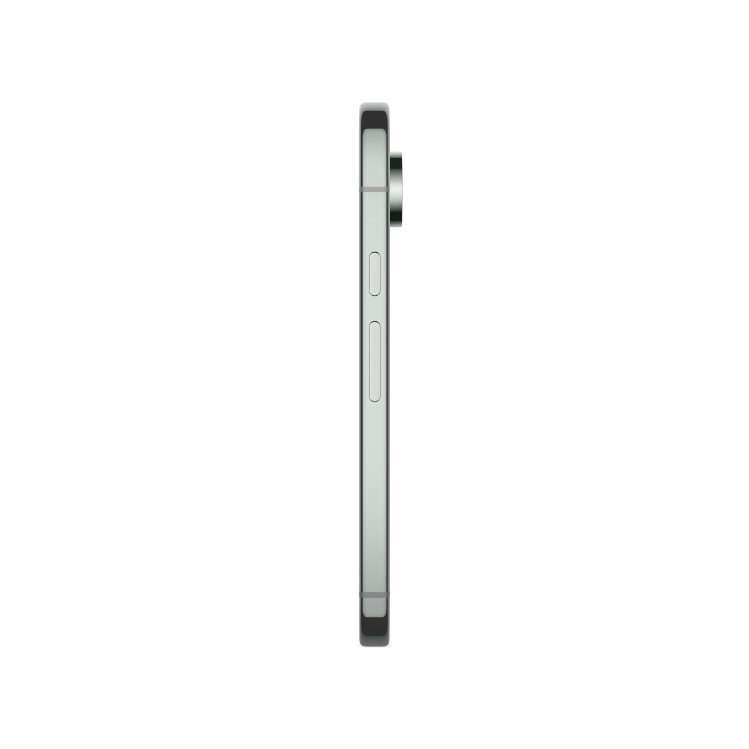 Zilveren Google Pixel telefoon, zijaanzicht. Knoppen en camerabalk zijn zichtbaar.