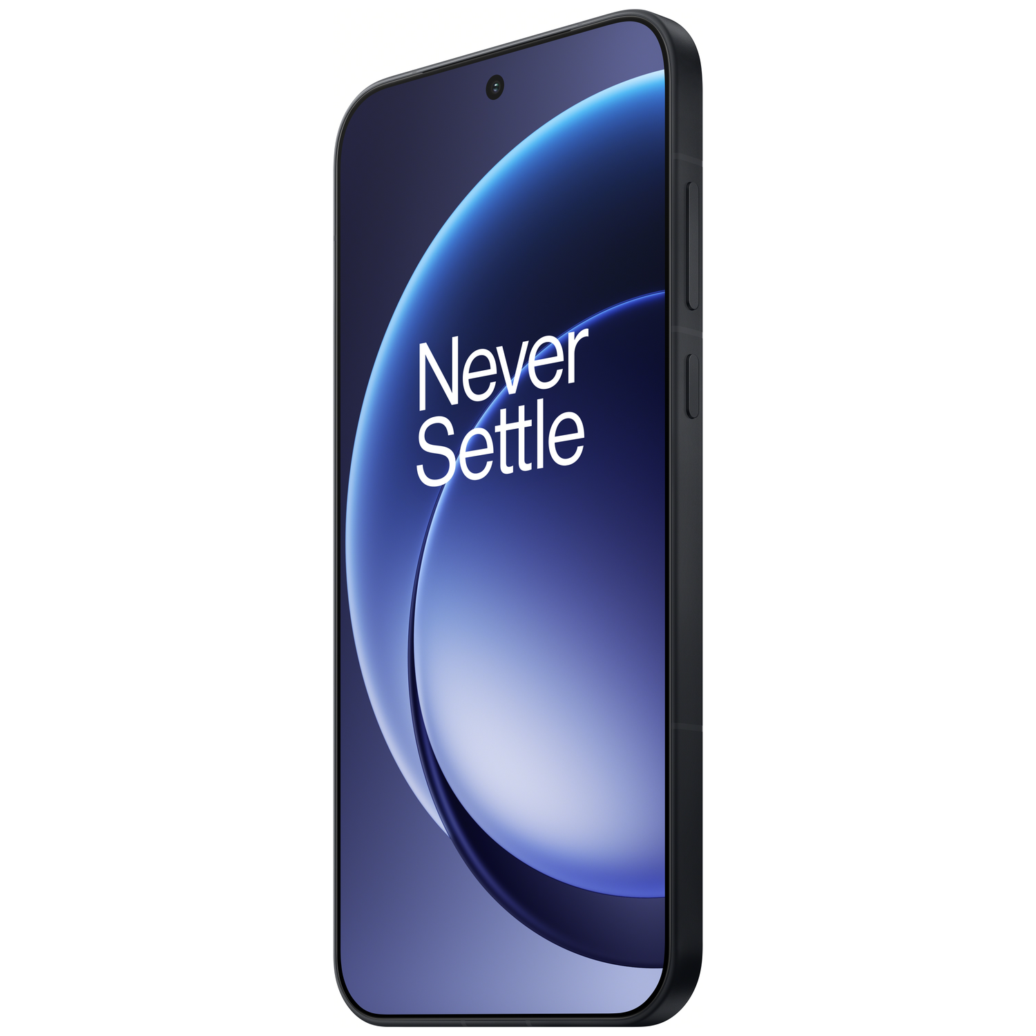 Een zwarte smartphone toont een blauw-witte afbeelding met de woorden 'Never Settle'. De telefoon heeft een zwarte behuizing en knoppen.