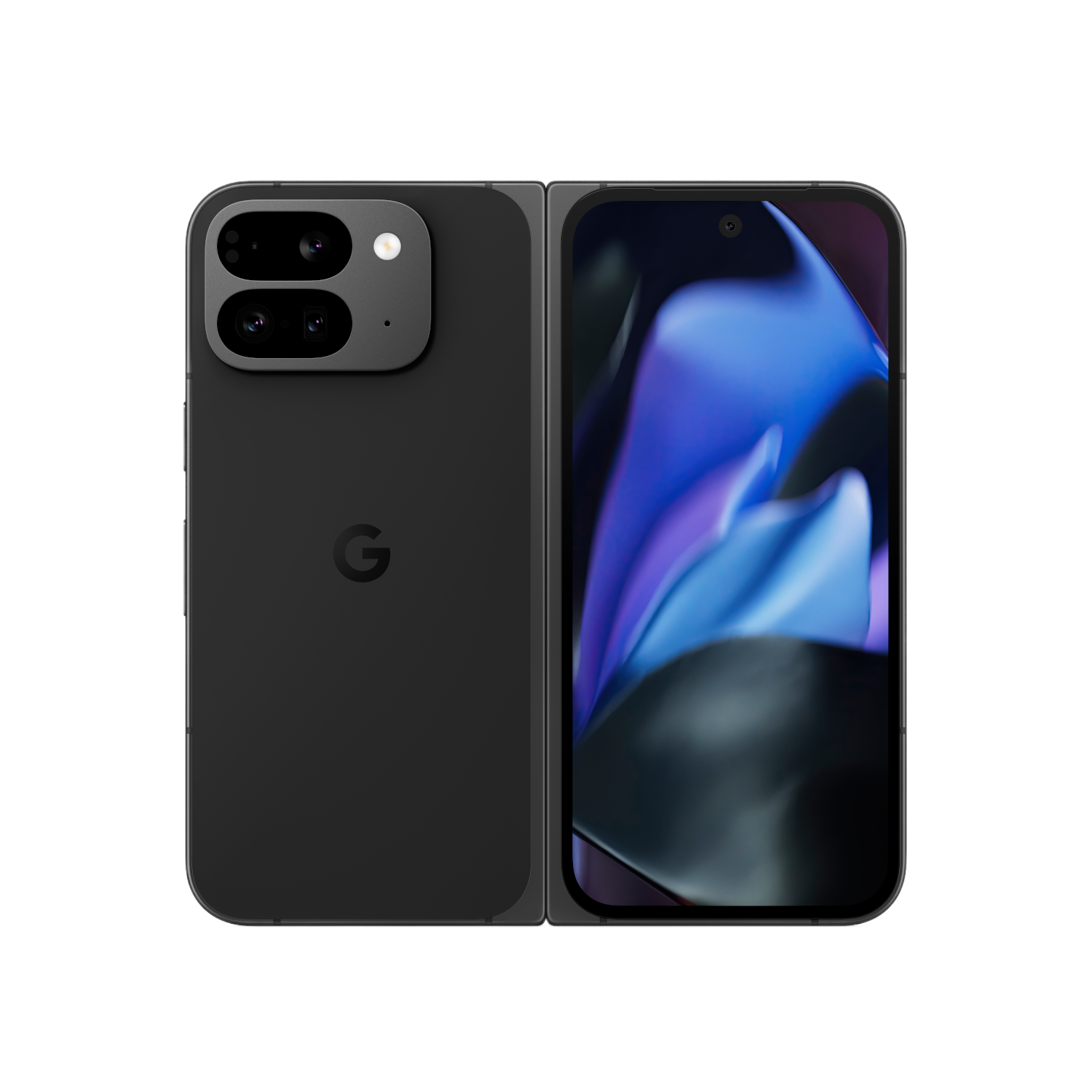 Zwarte Google-telefoon met dubbele camera's en een scherm met een paarse en blauwe afbeelding.