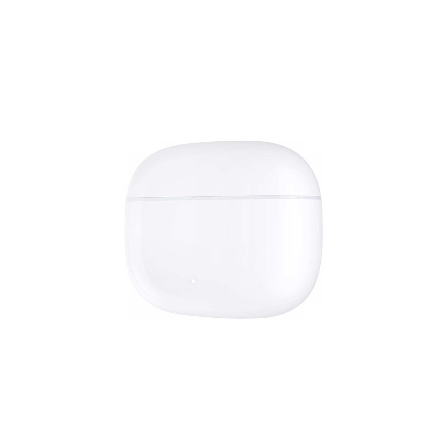 Een witte, afgeronde vierkante case, mogelijk voor oordopjes, staat gecentreerd tegen een witte achtergrond. Een klein lichtje is zichtbaar.
