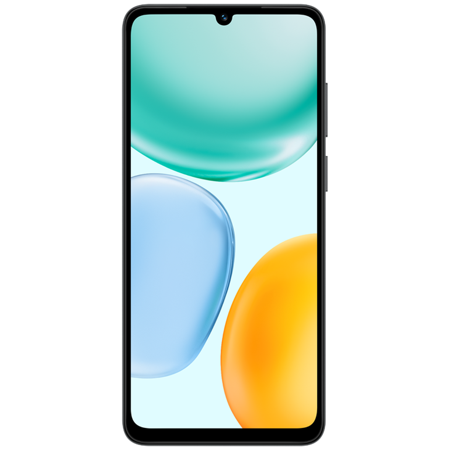 Een zwarte smartphone toont kleurrijke abstracte vormen: blauwgroen, blauw en oranje. De telefoon heeft een camera aan de voorkant en volumeknoppen.