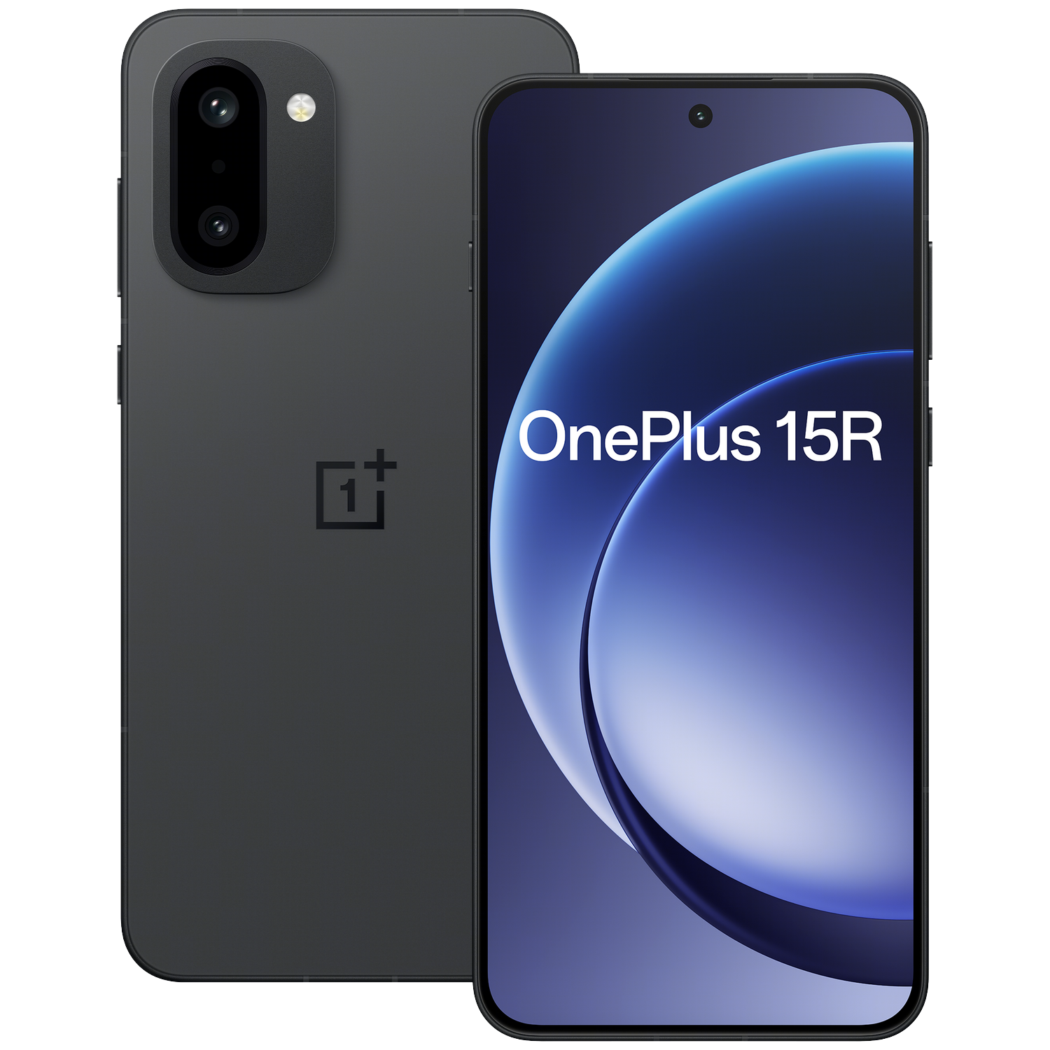 Een donkergrijze OnePlus 15R telefoon. Het scherm toont de naam van de telefoon. De achterkant heeft een camera en het OnePlus-logo.