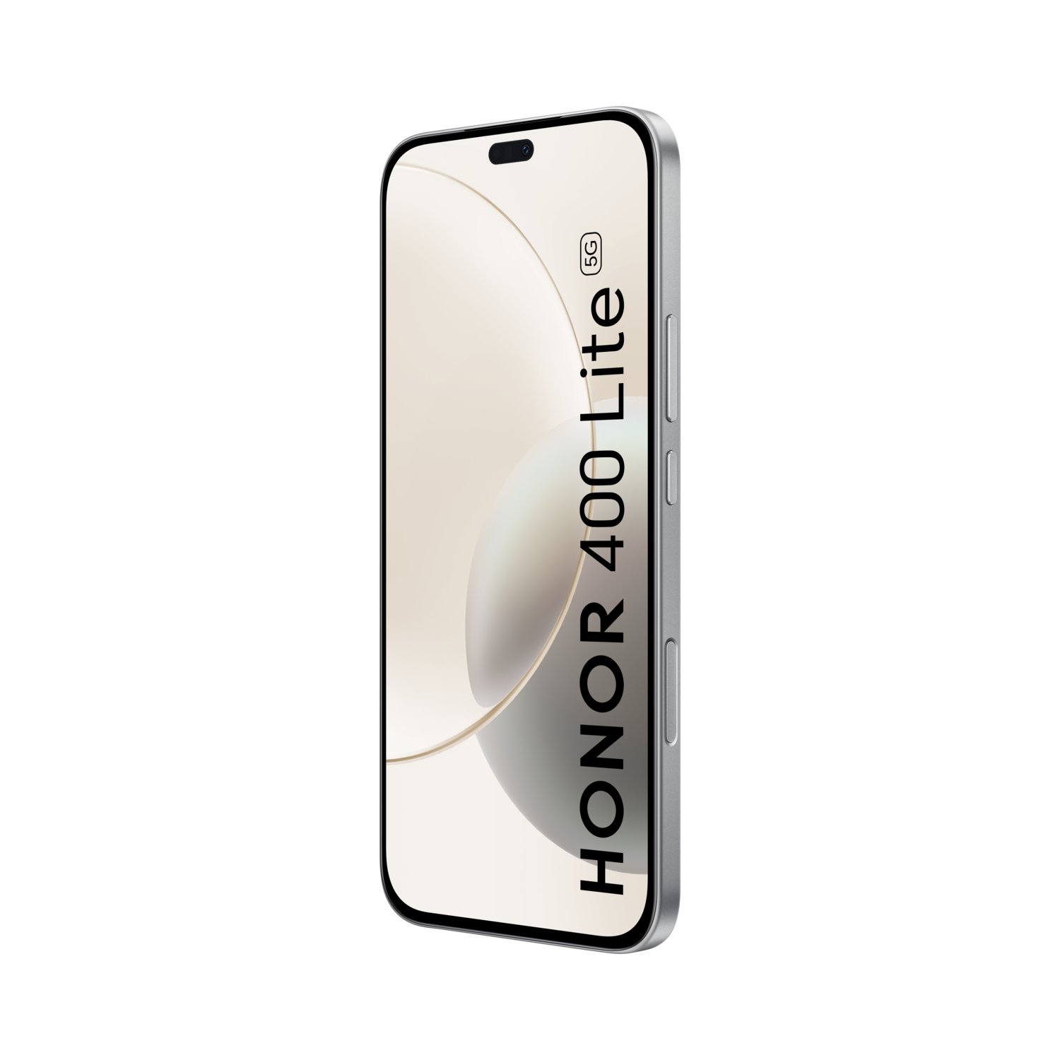 Zilveren Honor 400 Lite 5G-telefoon op zwarte achtergrond. Scherm toont abstract ontwerp en tekst. Volumeknoppen aan de zijkant.