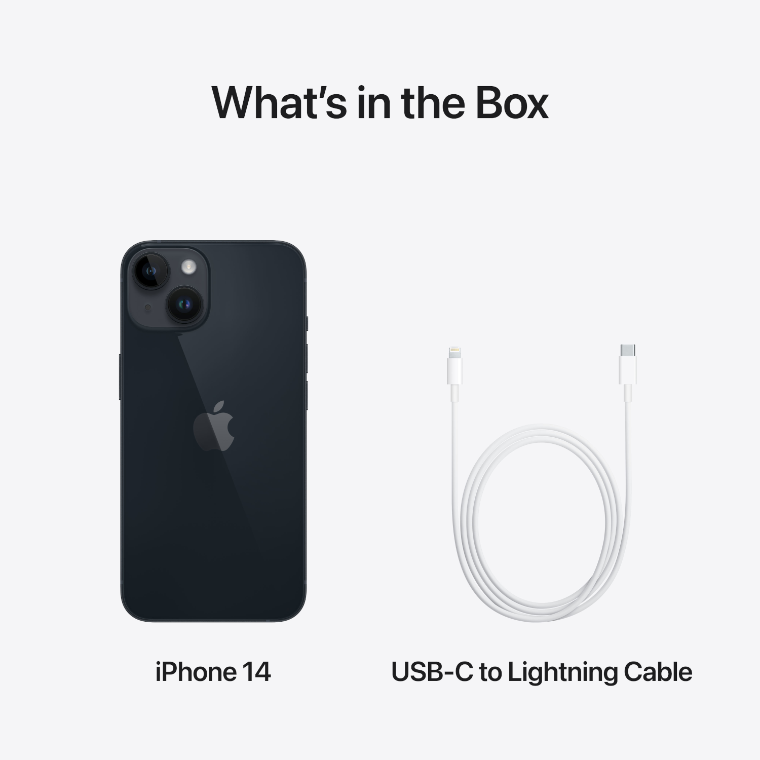 Afbeelding van iPhone 14 en een witte USB-C naar Lightning-kabel. De telefoon is zwart.