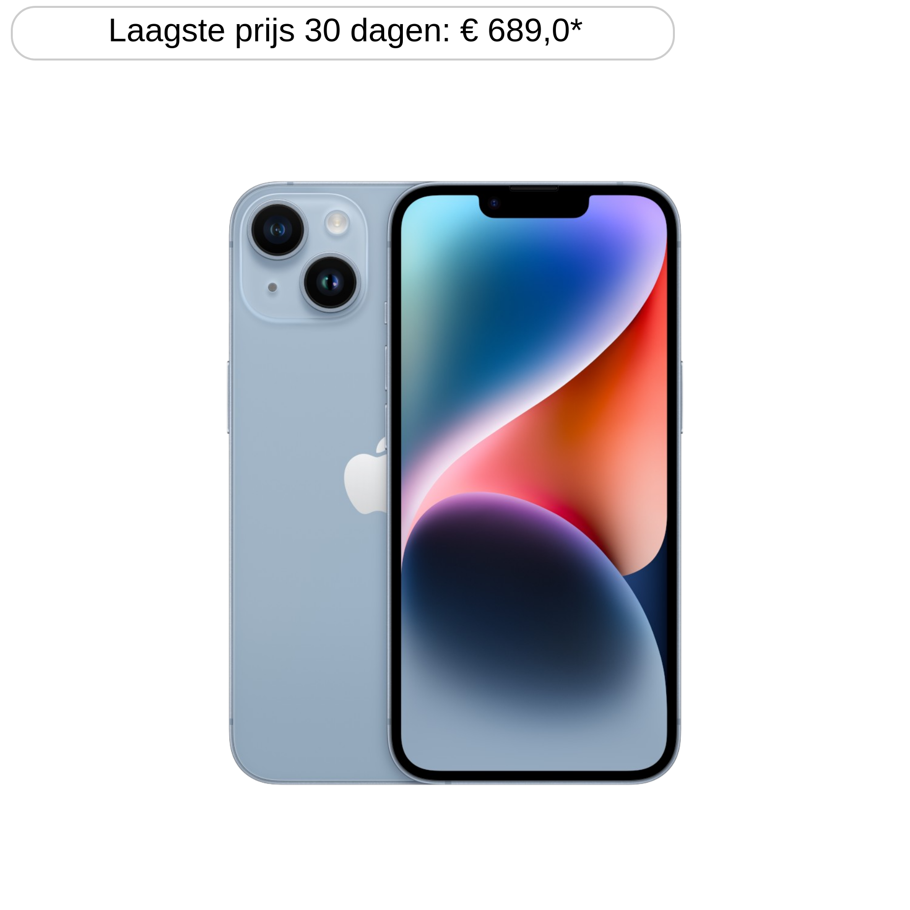 Een lichtblauwe iPhone met twee camera's en een kleurenscherm.