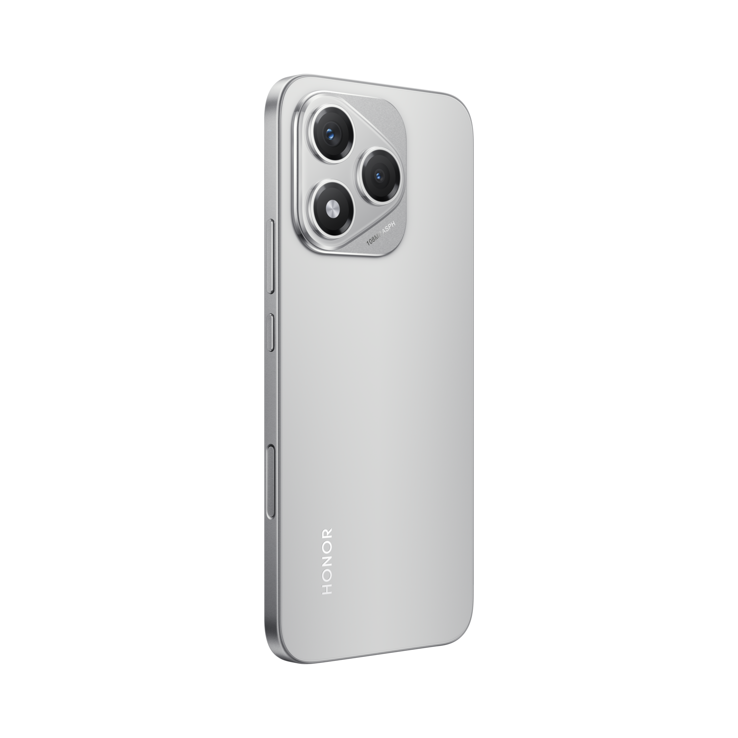 Een zilveren smartphone met drie camera's staat iets naar rechts gekanteld. Het HONOR-logo is zichtbaar. Zwarte achtergrond.