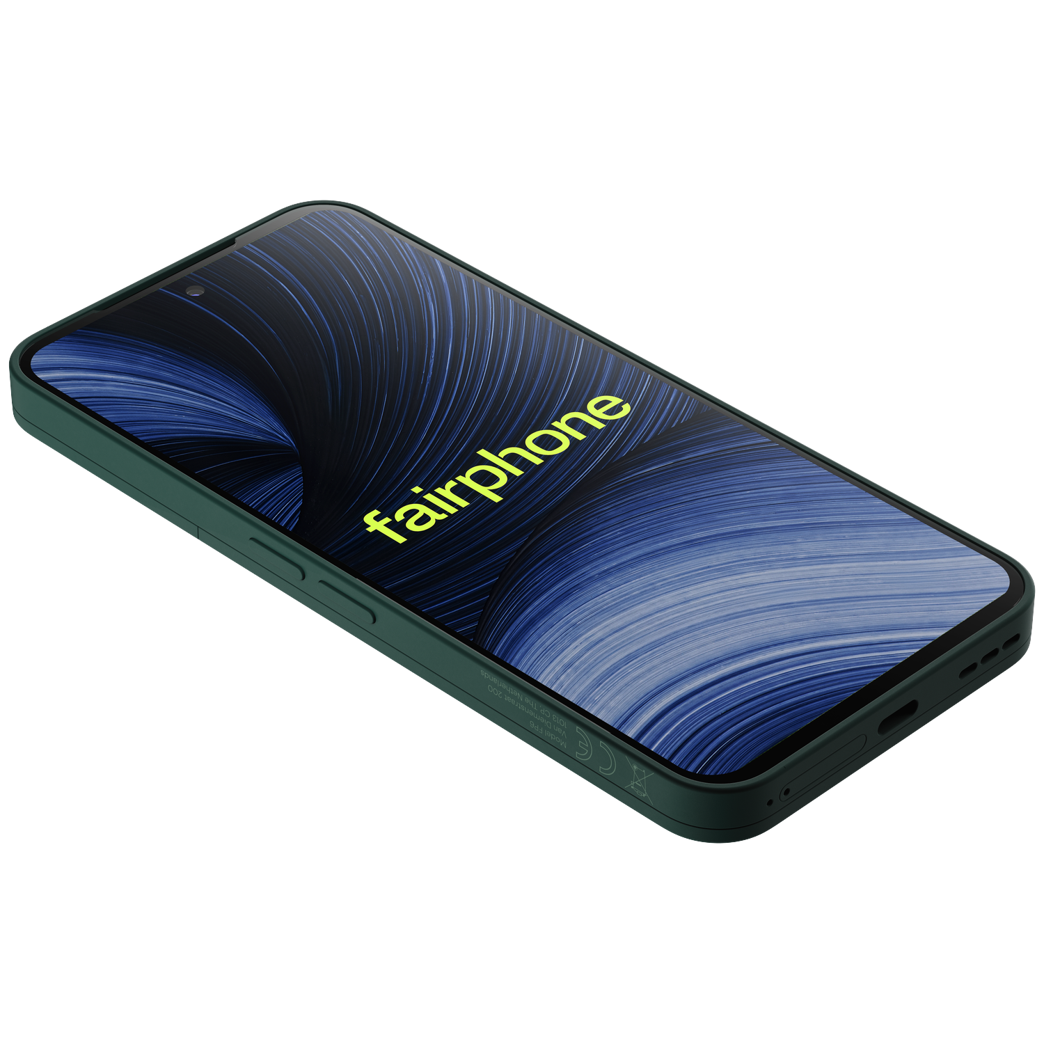 Een groene Fairphone met een blauwe achtergrond en geel Fairphone-logo.