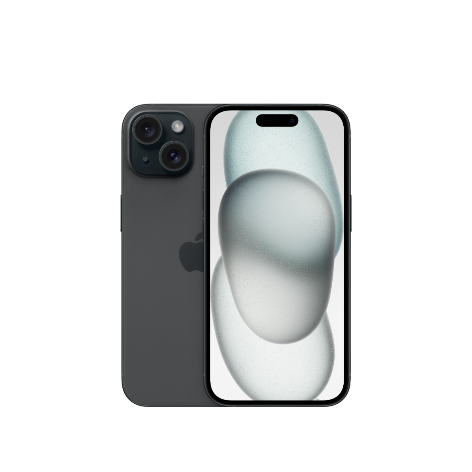 Een donkergrijze iPhone met drie camera's aan de achterkant en een kleurrijk waterachtig ontwerp op het scherm.