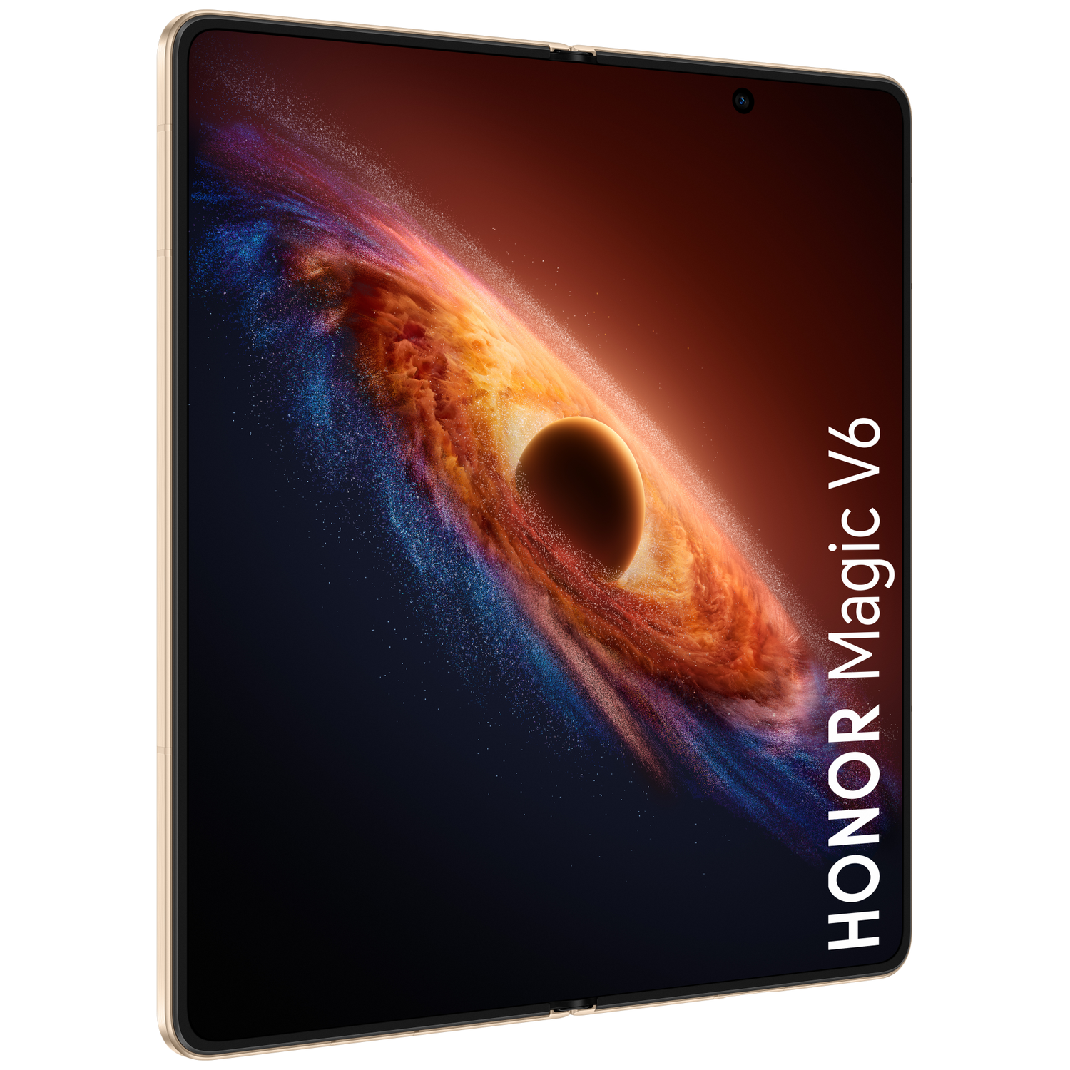 Gouden Honor Magic V6 smartphone met kosmisch behang.