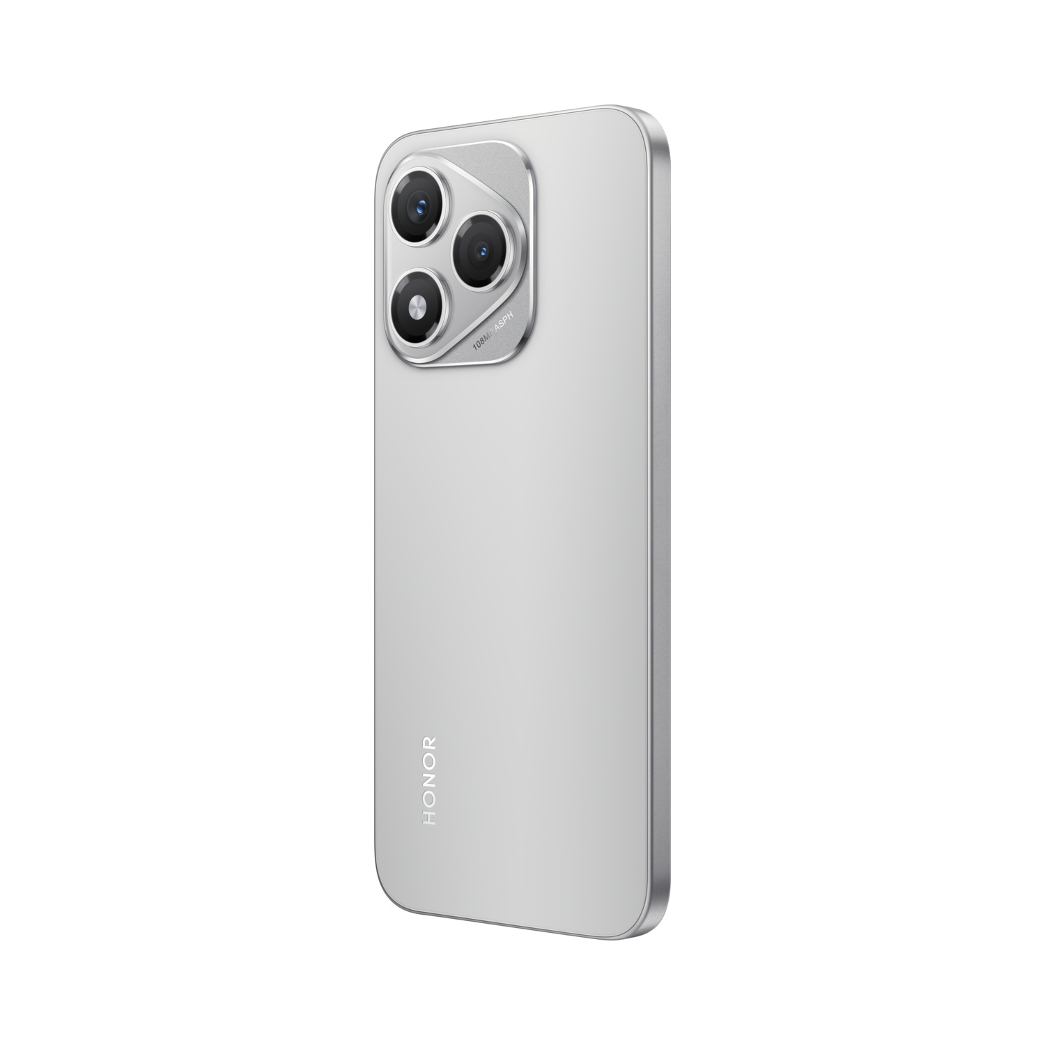 Zilveren smartphone met drie camera's. Het Honor-logo is zichtbaar. De achtergrond is zwart.