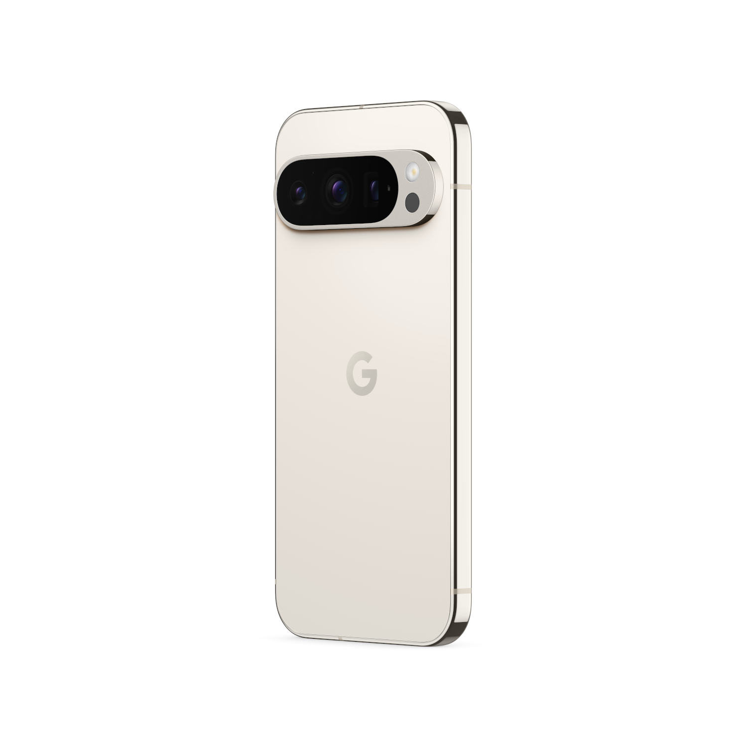 Beige smartphone, achterkant met camera en Google-logo.